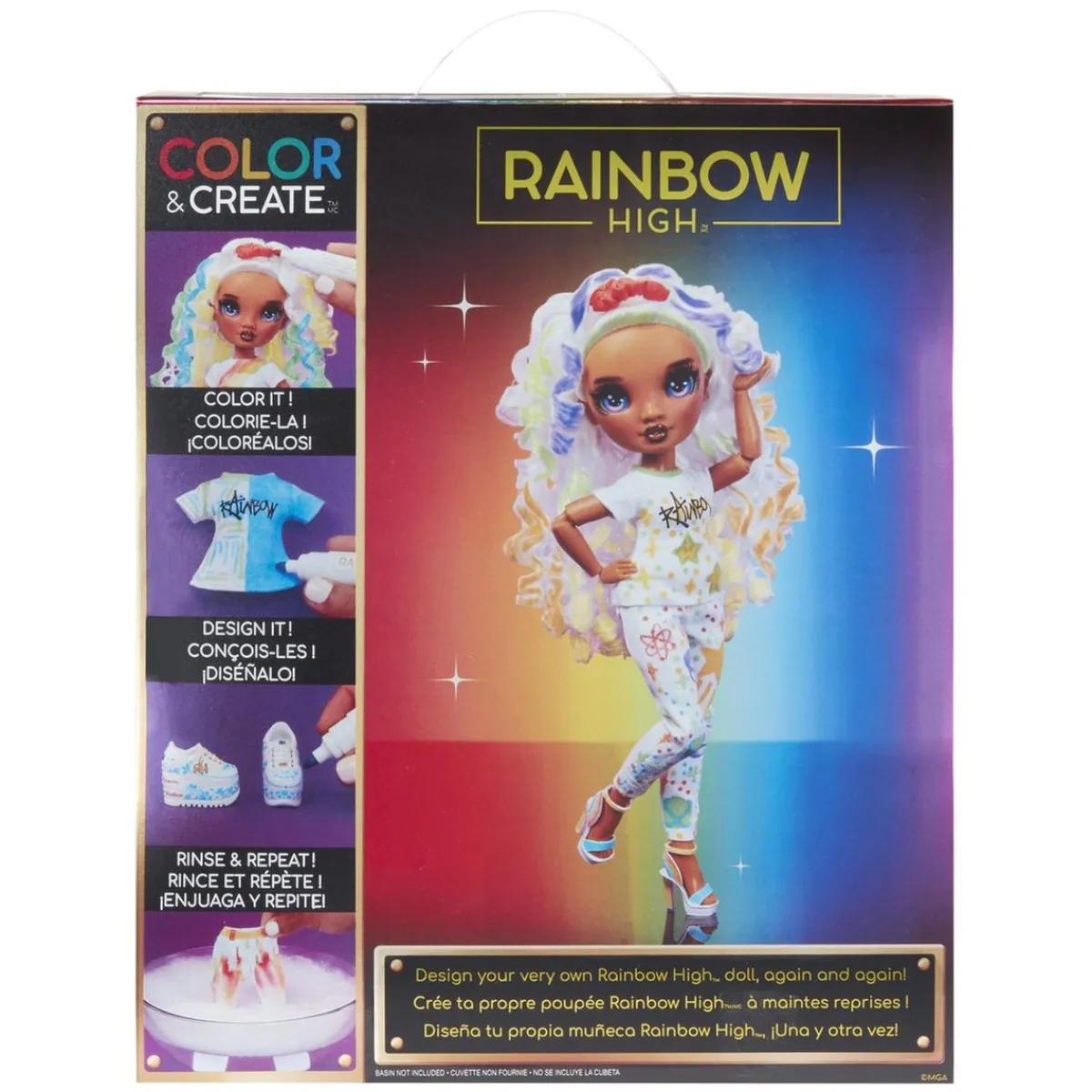 RAINBOW HIGH Muñecas*BABY born - Muñeca Fashion DIY colorear y crear - ojos morados, pelo rizado, top y zapatos extra, rotuladores arcoiris