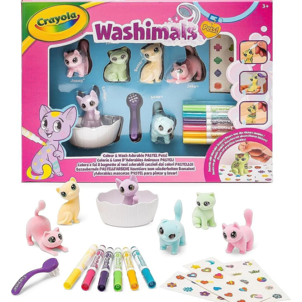 CRAYOLA Arte Y Manualidades*- Kit de actividades Washimals Pets para colorear y bañar animales bebés con pegatinas en colores pastel