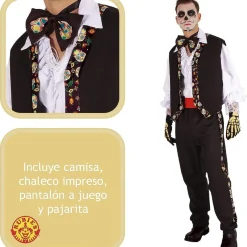 RUBIE'S Disfraces|Halloween*Disfraz adulto Catrin Pancho con pajarita y chaleco impreso ㅤ