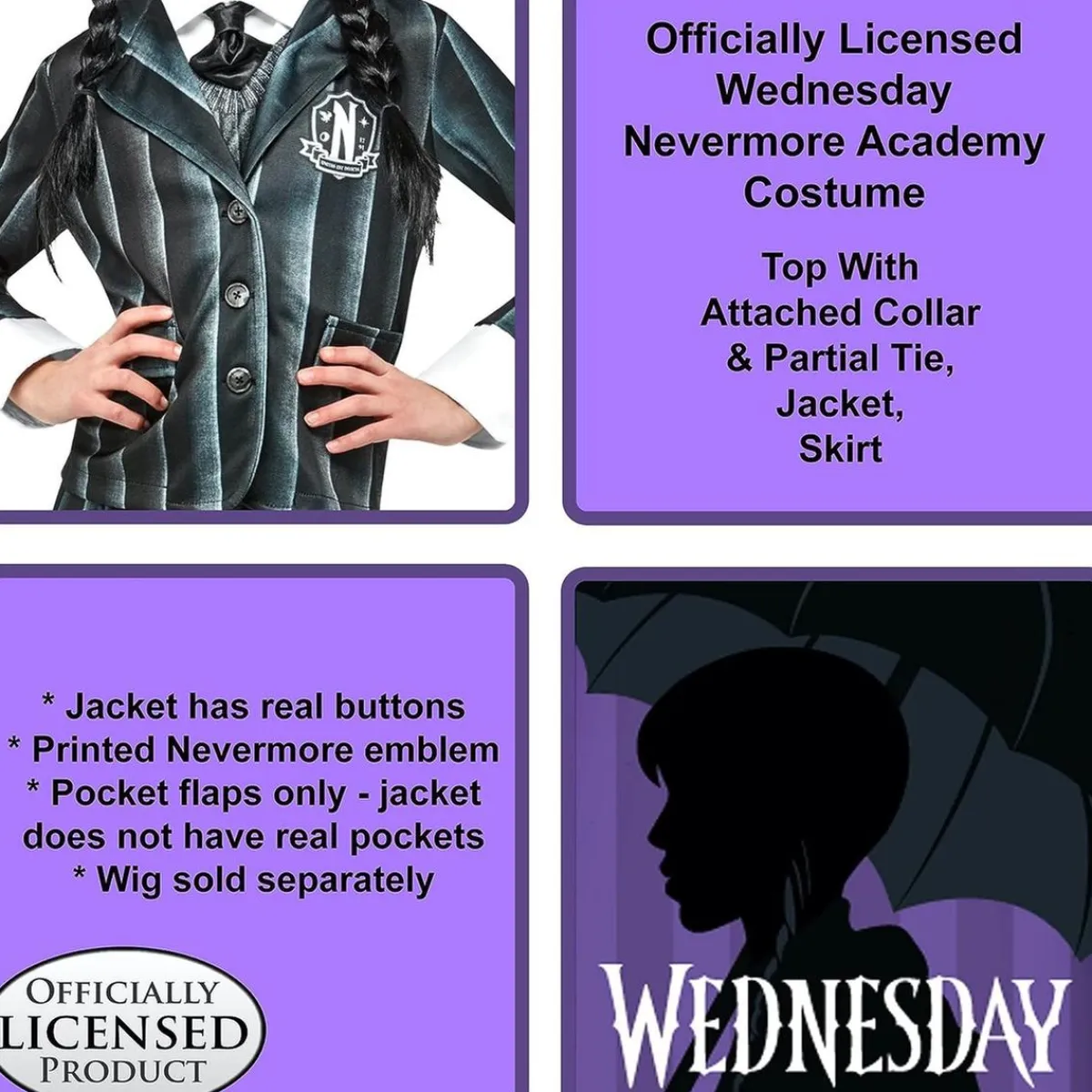 RUBIE'S Disfraces|Halloween*Disfraz infantil - Uniforme Miércoles Addams talla S