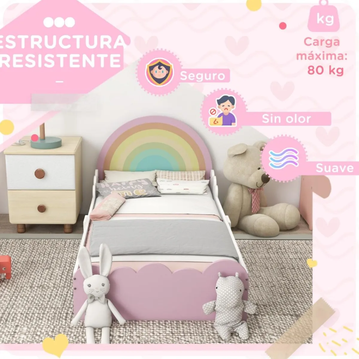 Homcom Estilo De Vida*- Cama infantil arcoíris Rosa