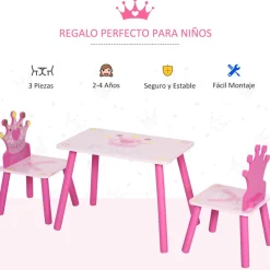 Homcom Estilo De Vida*- Conjunto Mesa + 2 Sillas infantiles Madera Princess