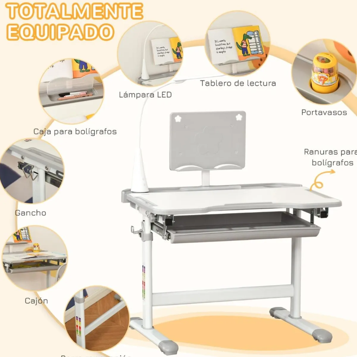 Homcom Estilo De Vida*- Conjunto Pupitre reclinable + Silla Gris con lámpara