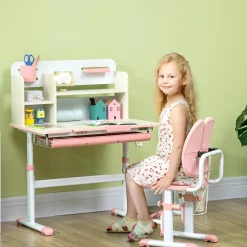 Homcom Estilo De Vida*- Escritorio con estante y silla ajustable Rosa y Blanco