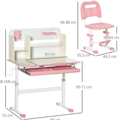 Homcom Estilo De Vida*- Escritorio con estante y silla con altura ajustable Blanco y Rosa
