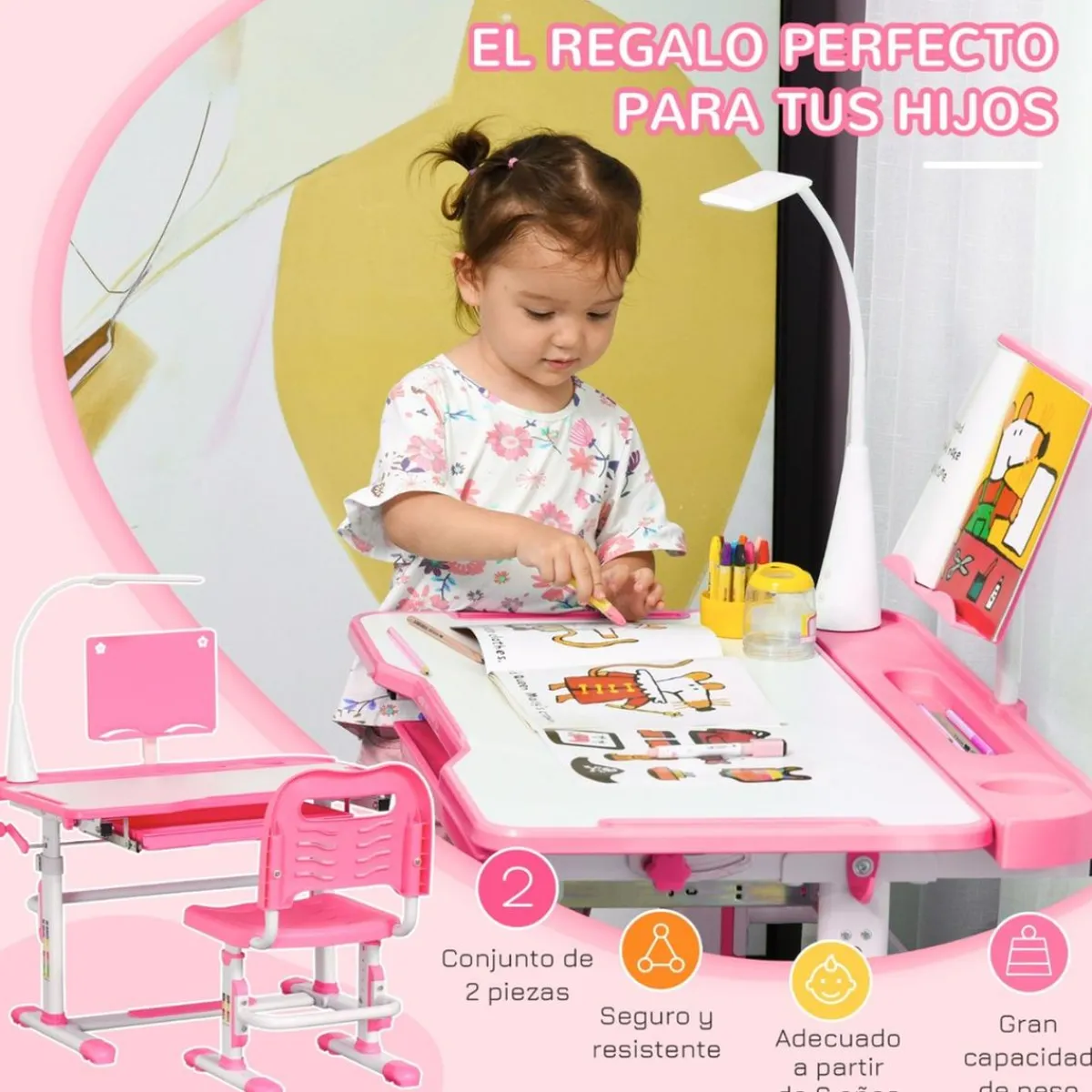 Homcom Estilo De Vida*- Escritorio y silla ajustables Rosa