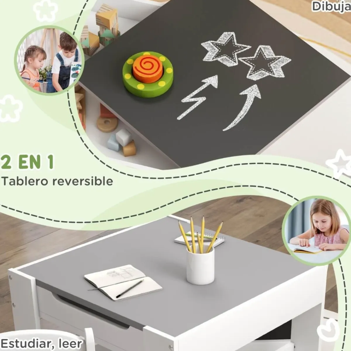 Homcom Estilo De Vida*- Mesa + 2 sillas infantiles Blanco