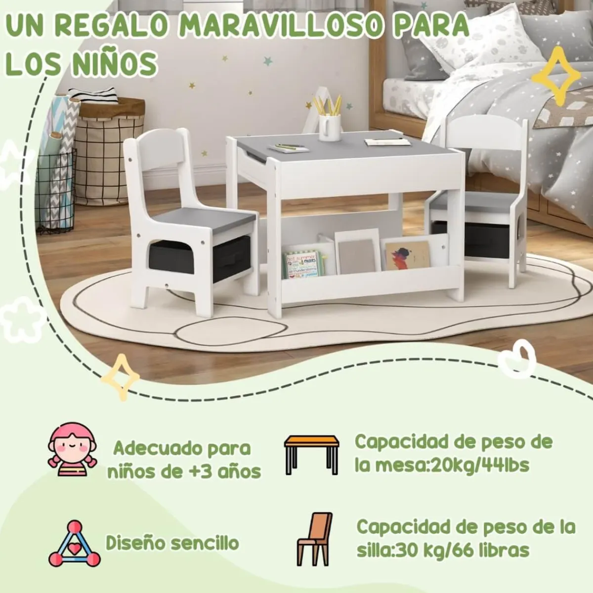 Homcom Estilo De Vida*- Mesa + 2 sillas infantiles Blanco
