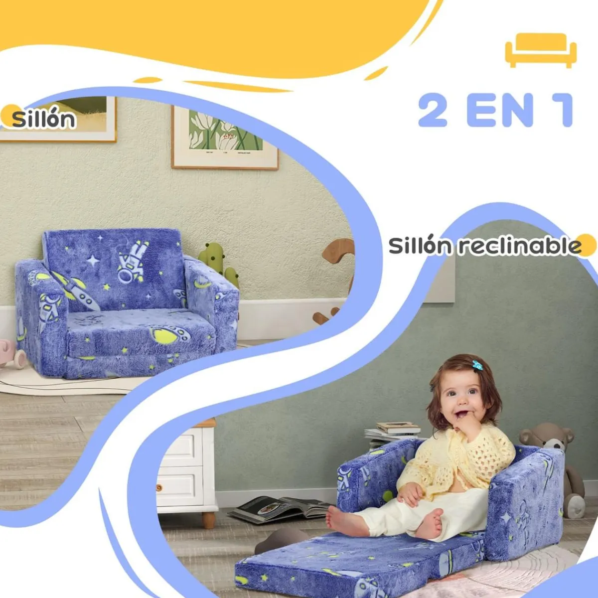 AIYAPLAY Estilo De Vida*Homcom - Sillón infantil Azul brilla en la oscuridad