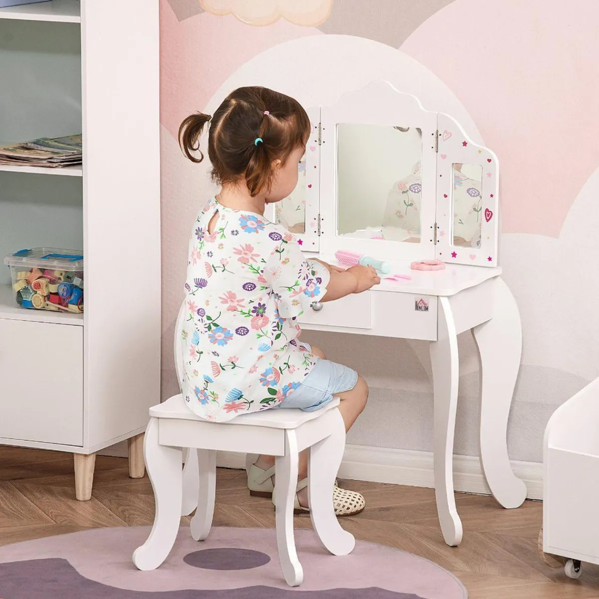 Homcom Muñecas*- Tocador de madera con taburete