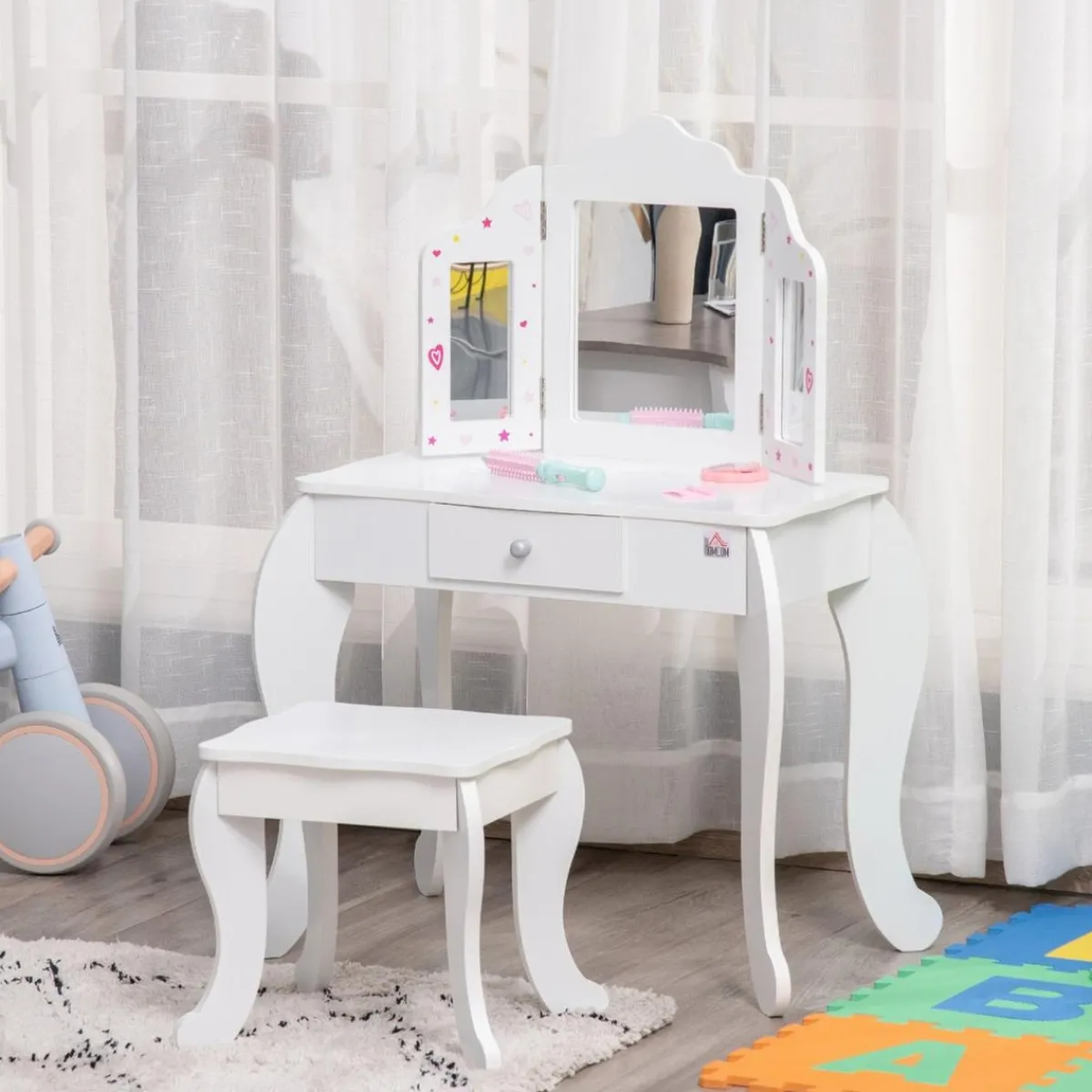 Homcom Muñecas*- Tocador de madera con taburete