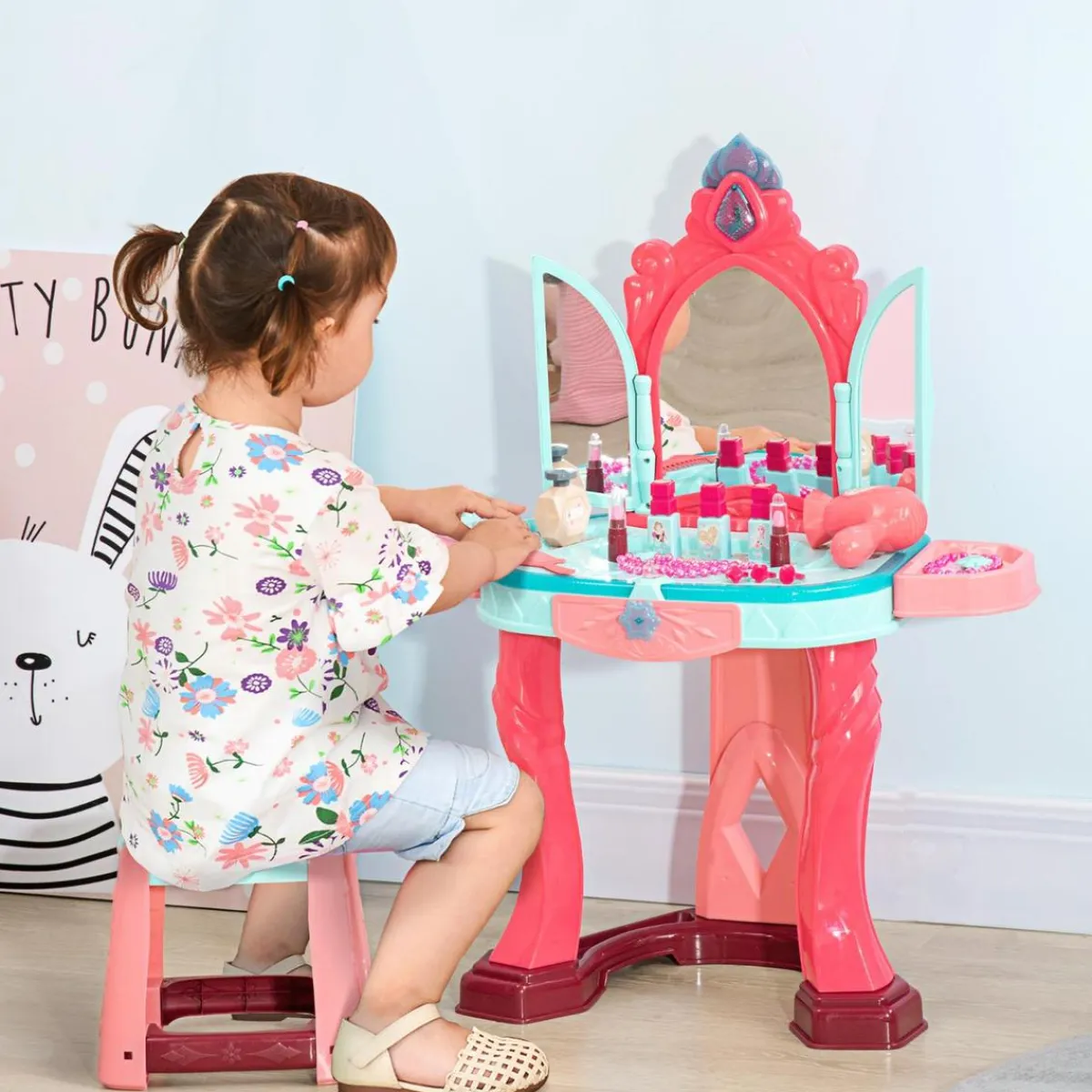 Homcom Muñecas*- Tocador infantil con cajón y taburete