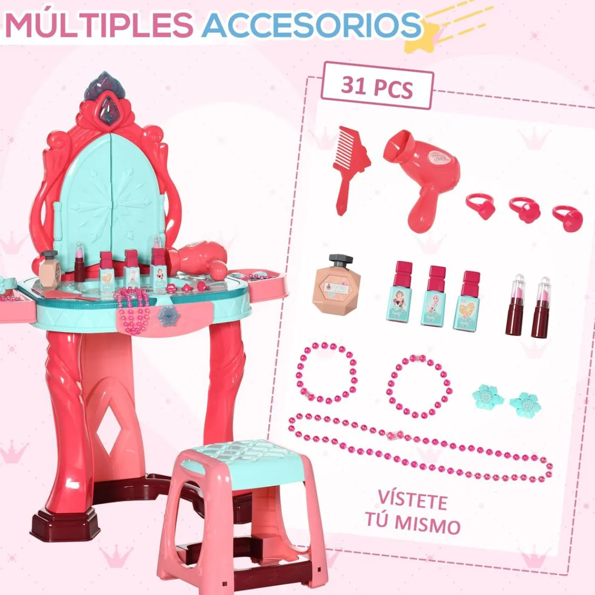 Homcom Muñecas*- Tocador infantil con cajón y taburete