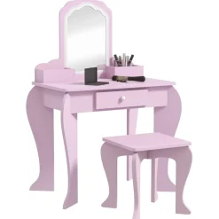 ZONEKIZ Muñecas*Homcom - Tocador infantil con espejo y taburete madera Rosa