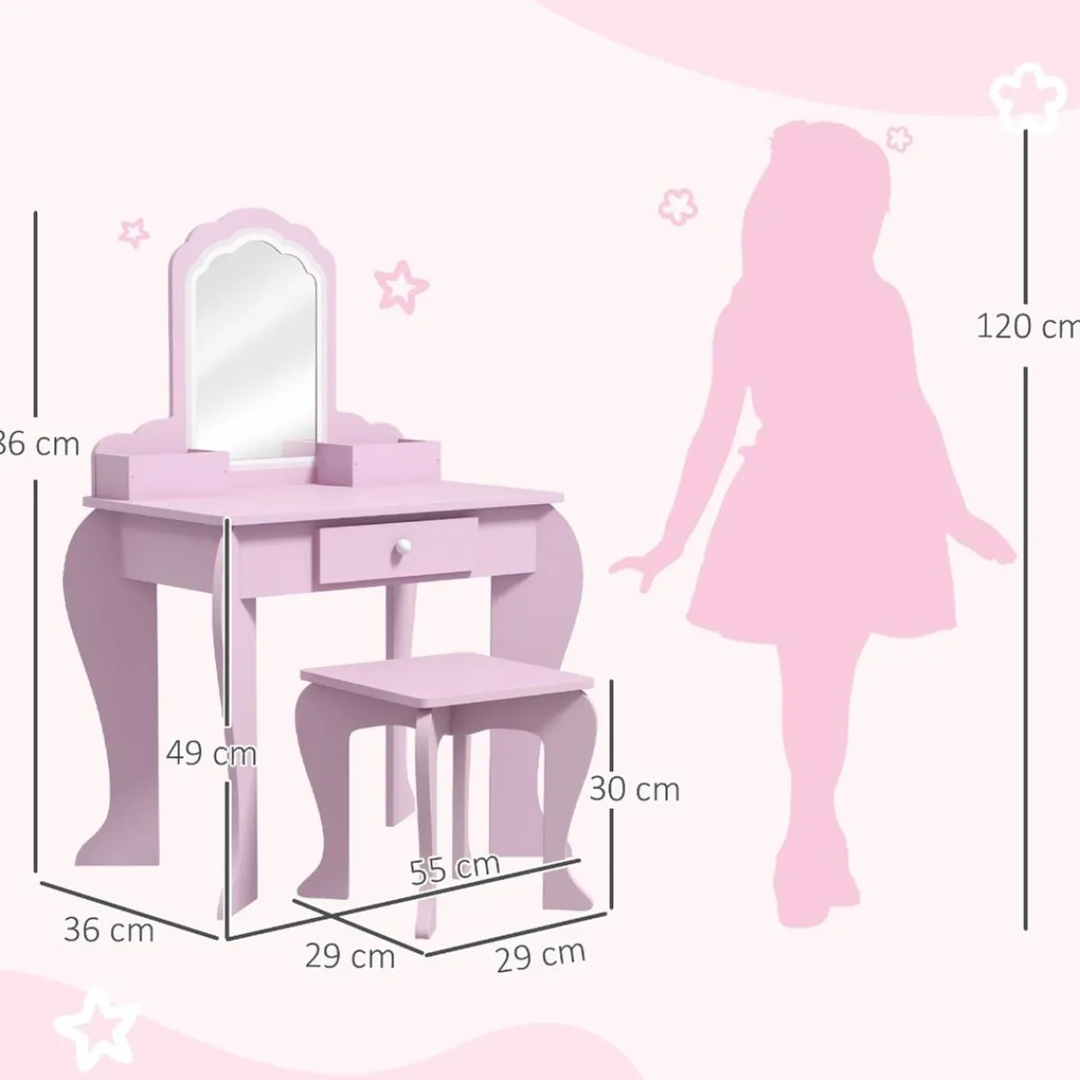 ZONEKIZ Muñecas*Homcom - Tocador infantil con espejo y taburete madera Rosa