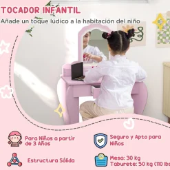 ZONEKIZ Muñecas*Homcom - Tocador infantil con espejo y taburete madera Rosa