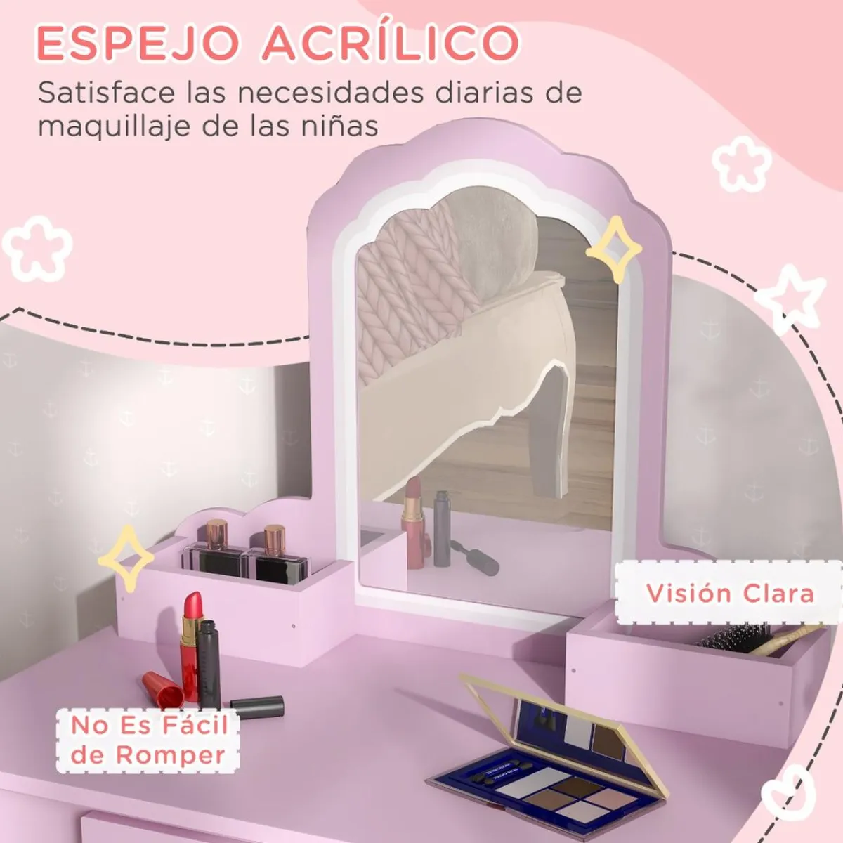 ZONEKIZ Muñecas*Homcom - Tocador infantil con espejo y taburete madera Rosa