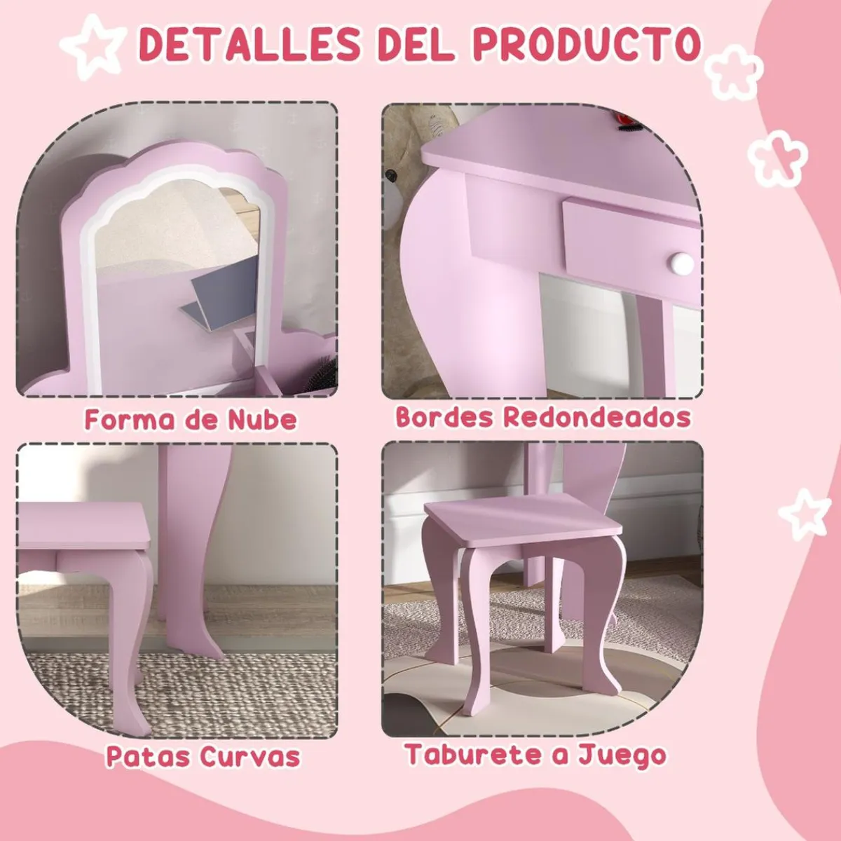 ZONEKIZ Muñecas*Homcom - Tocador infantil con espejo y taburete madera Rosa