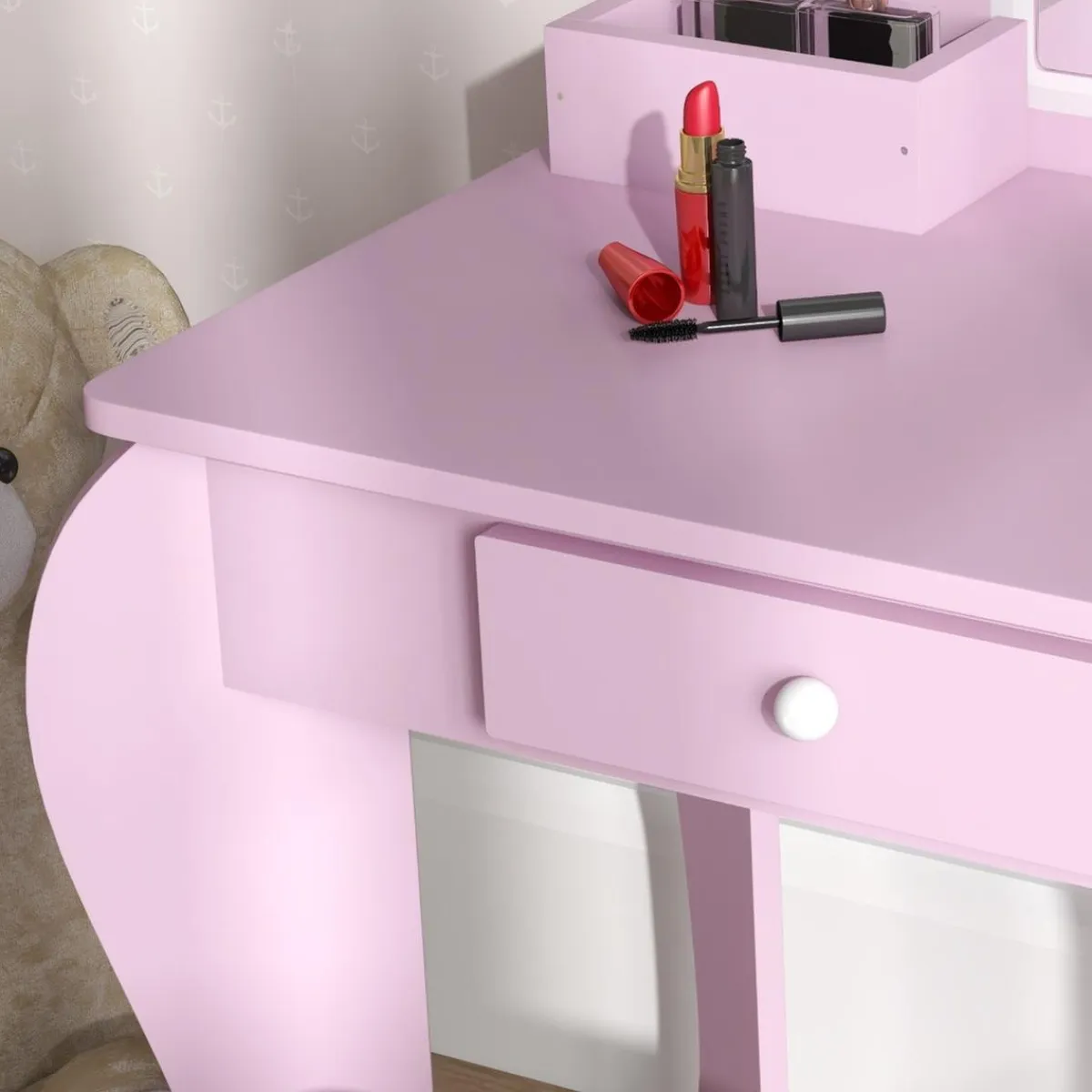 ZONEKIZ Muñecas*Homcom - Tocador infantil con espejo y taburete madera Rosa