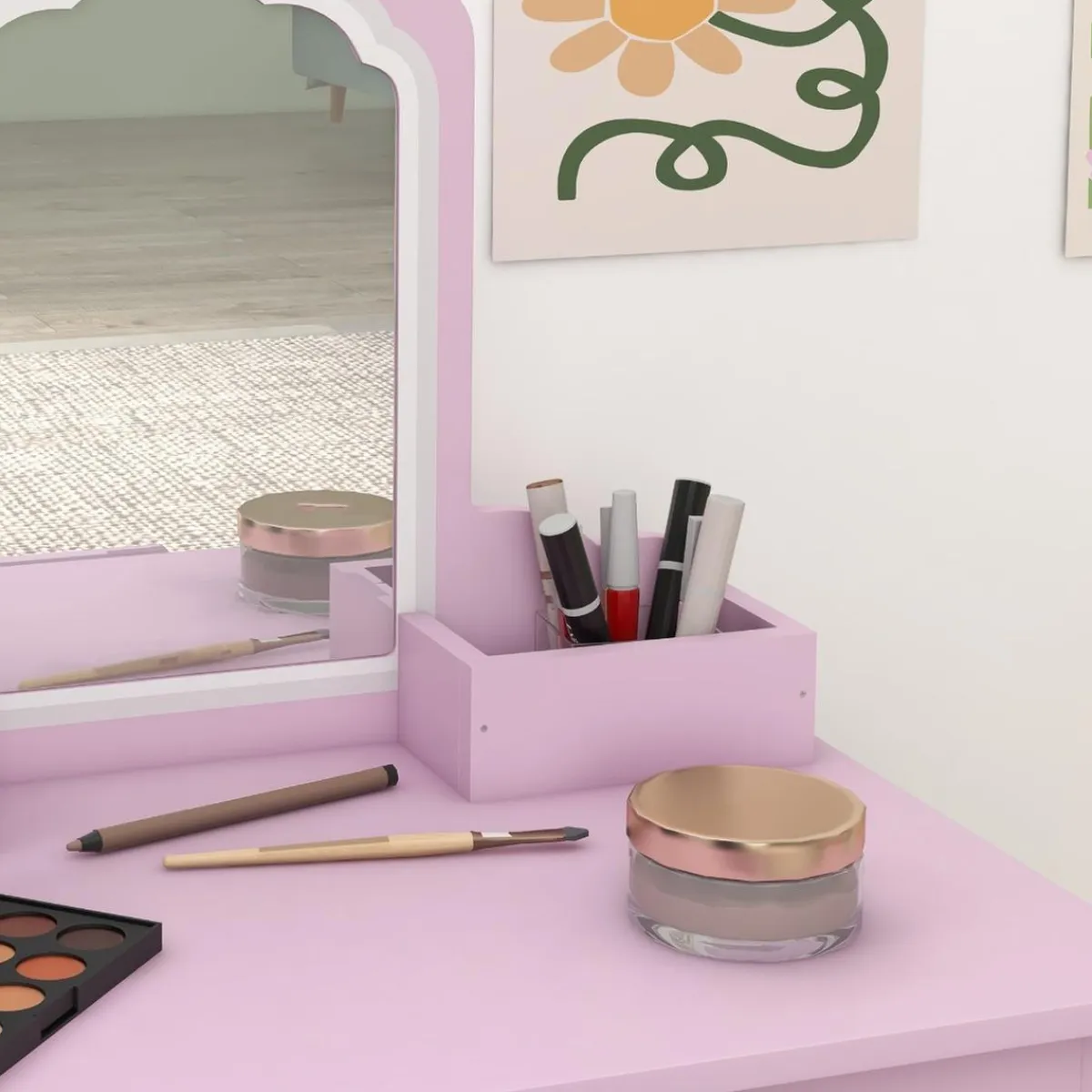 ZONEKIZ Muñecas*Homcom - Tocador infantil con espejo y taburete madera Rosa