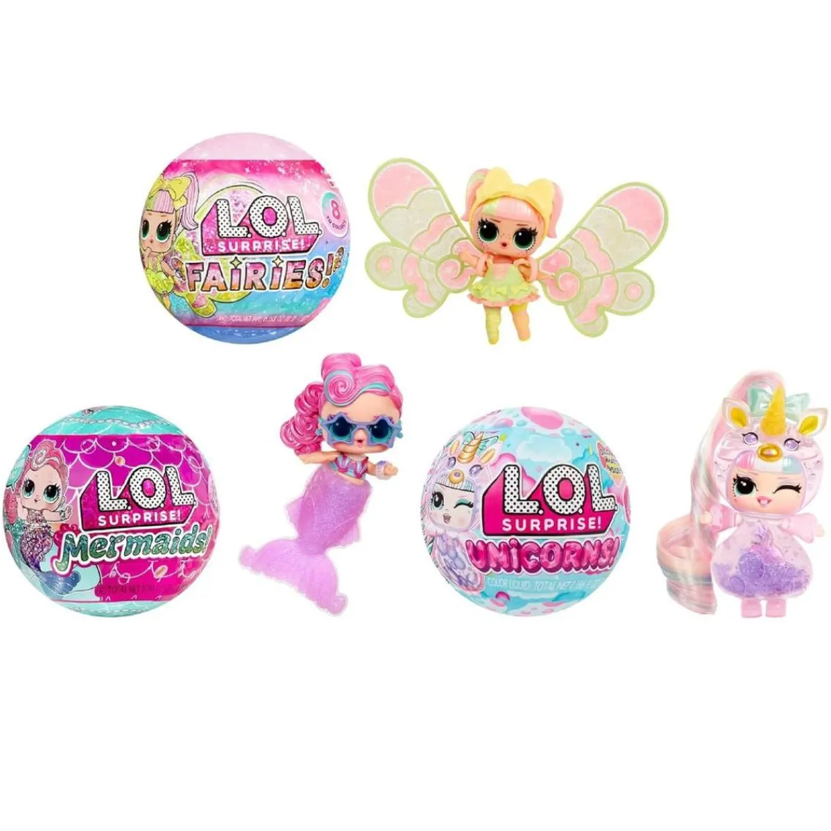 LOL SURPRISE Coleccionables Y Mini Mundos*L.O.L. Surprise - Just add Water - Pack 3 muñecas fantasía (sirena, hada y unicornio)
