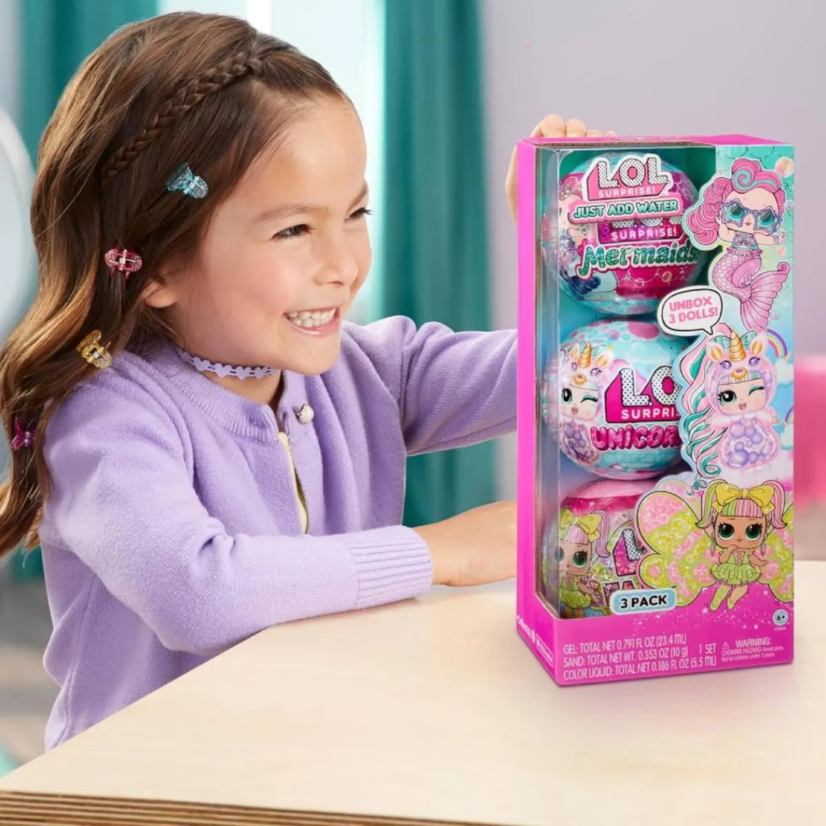 LOL SURPRISE Coleccionables Y Mini Mundos*L.O.L. Surprise - Just add Water - Pack 3 muñecas fantasía (sirena, hada y unicornio)