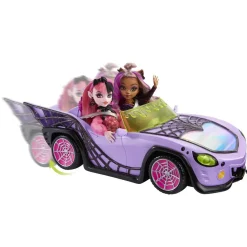 MATTEL Muñecas*- Monster High - Coche convertible morado con accesorios para mascotas y detalles de telaraña ㅤ