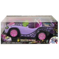 MATTEL Muñecas*- Monster High - Coche convertible morado con accesorios para mascotas y detalles de telaraña ㅤ