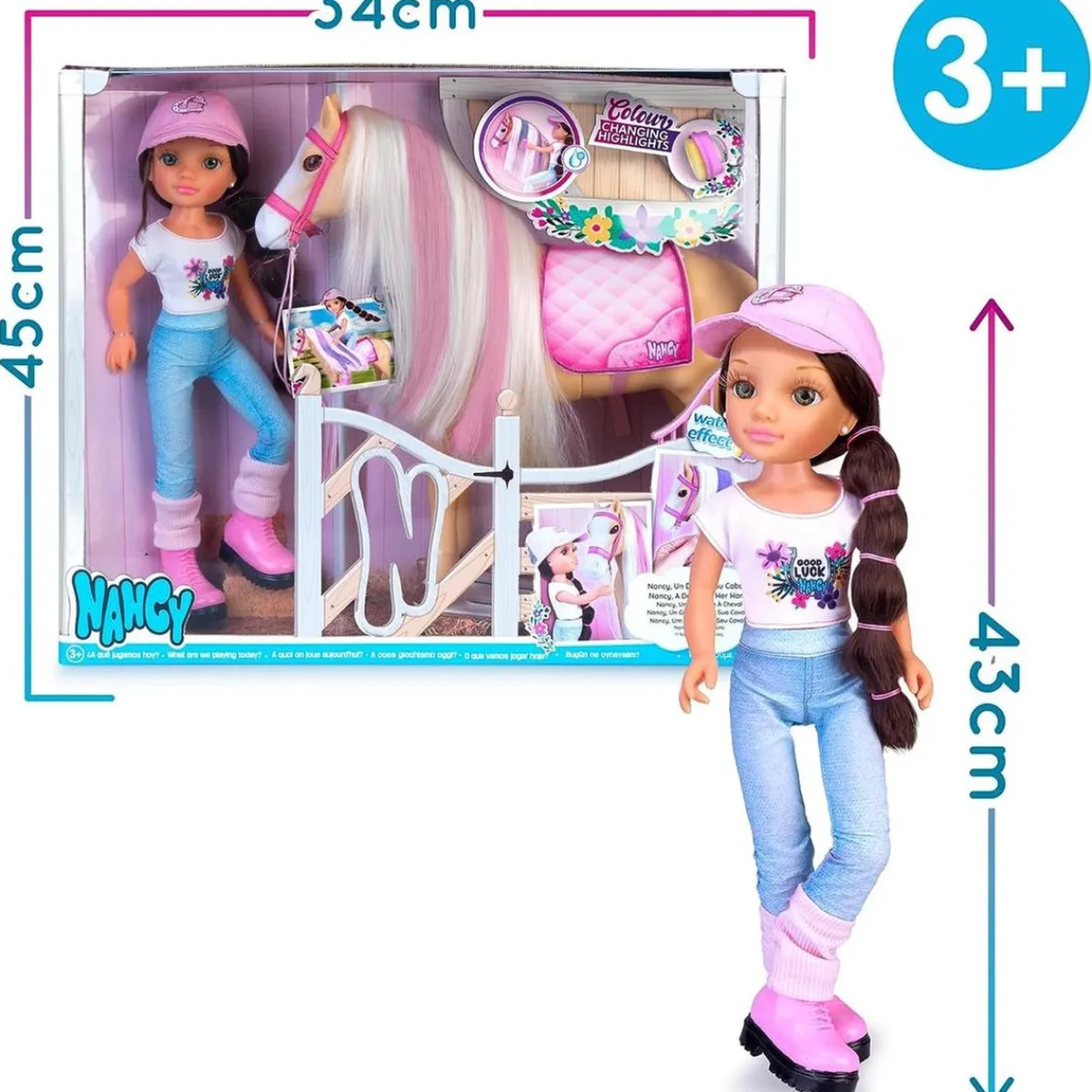 NANCY Muñecas*- Muñeca articulada con caballo y accesorios de cuidado ㅤ