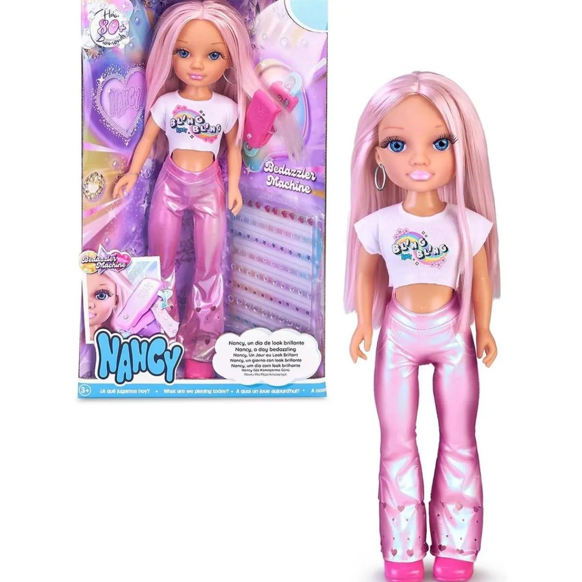 NANCY Muñecas*- Muñeca con pelo rosa, juego para peinar y decorar, máquina de gemas y accesorios ㅤ