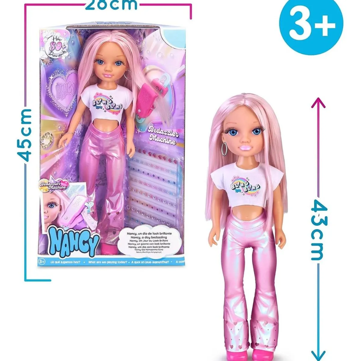 NANCY Muñecas*- Muñeca con pelo rosa, juego para peinar y decorar, máquina de gemas y accesorios ㅤ