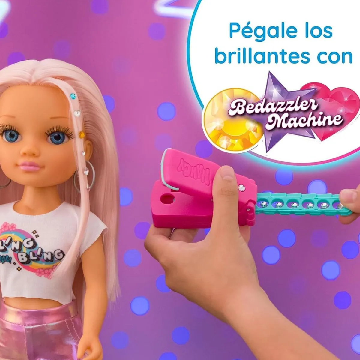 NANCY Muñecas*- Muñeca con pelo rosa, juego para peinar y decorar, máquina de gemas y accesorios ㅤ