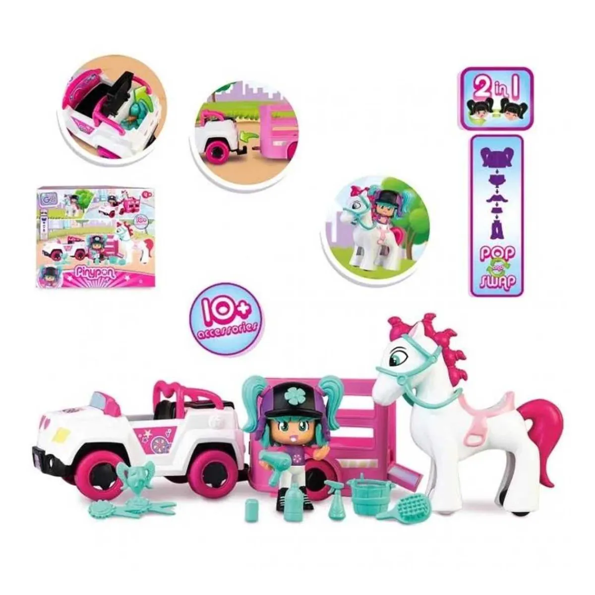 PINYPON Coleccionables Y Mini Mundos*- Remolque y caballo con mini muñeca y accesorios Pop&Swap