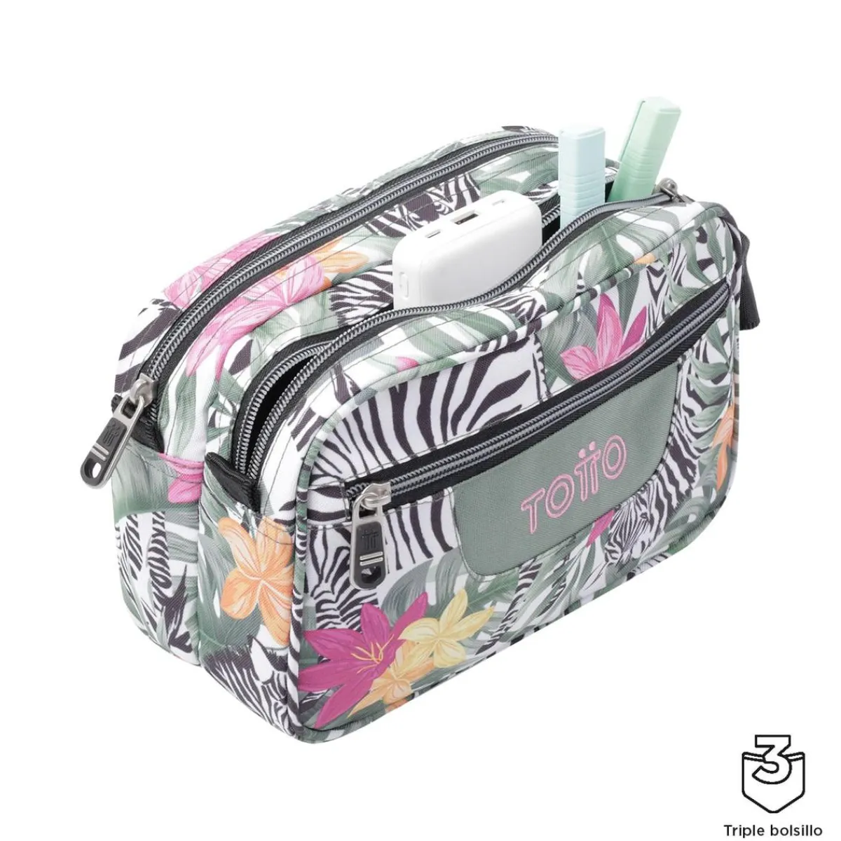 TOTTO Material Escolar*- Estuche escolar tres compartimentos tropical cebras Plastilina