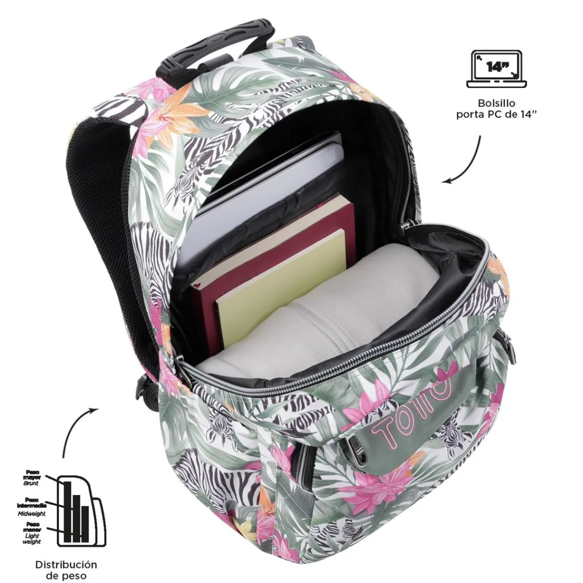 TOTTO Material Escolar*- Mochila escolar adaptable a carro tropical cebras Acuareles