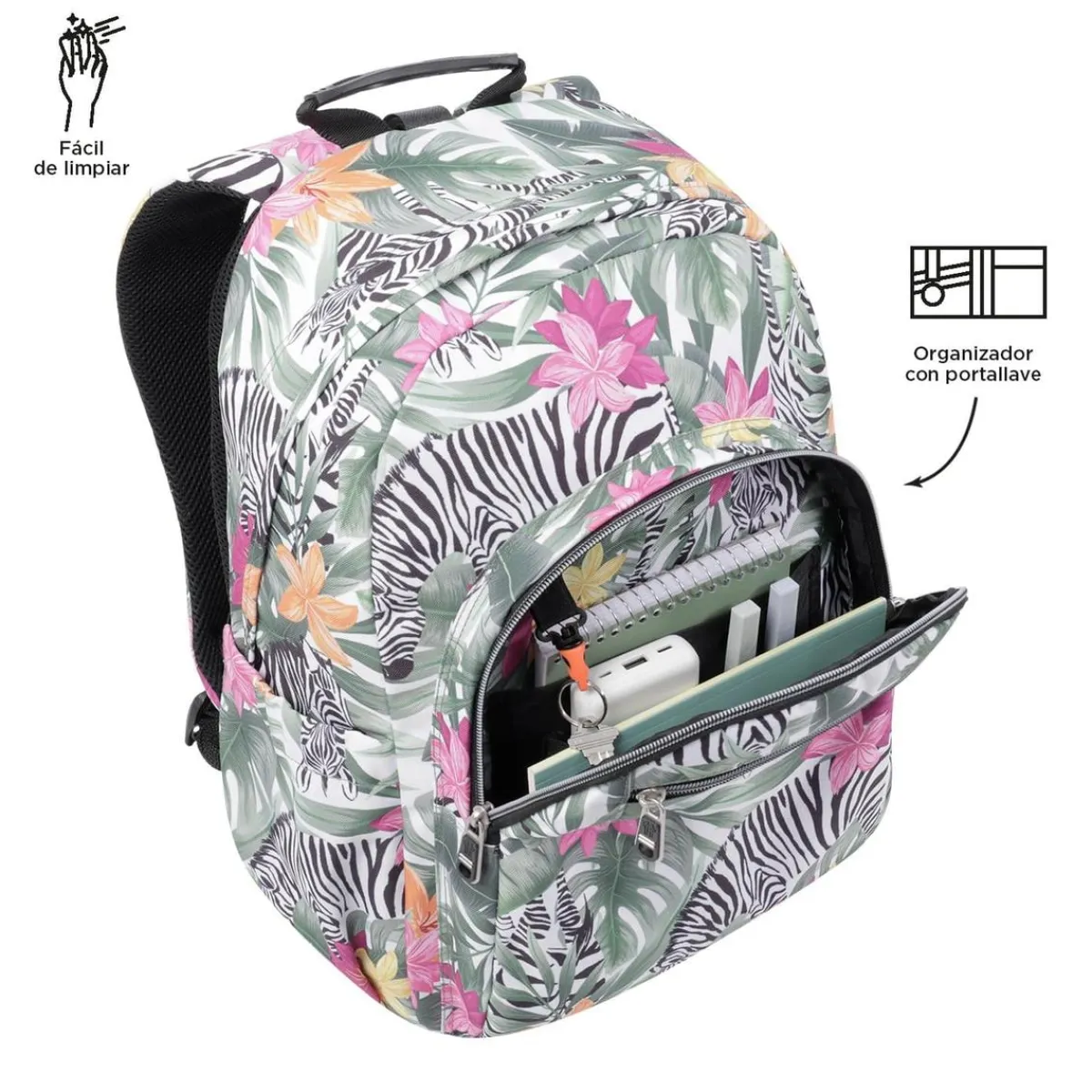 TOTTO Material Escolar*- Mochila escolar adaptable a carro tropical cebras Acuareles