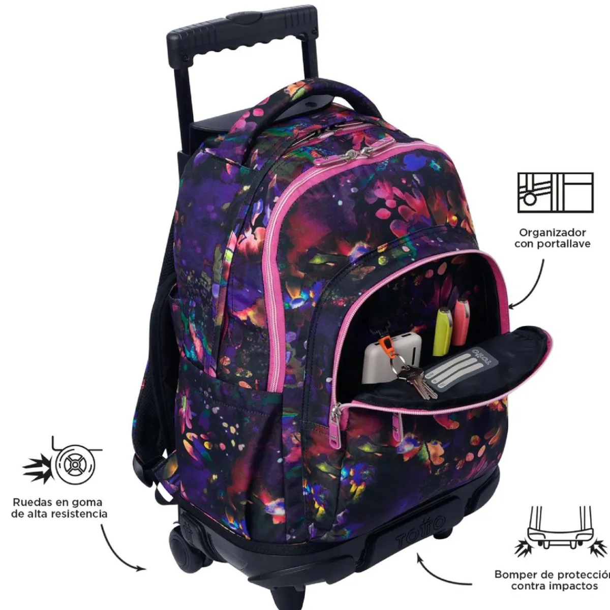 TOTTO Material Escolar*- Mochila Renglones con ruedas - Flower Galaxy